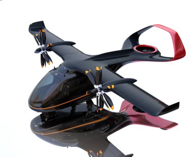 E-Vtol yolcu uçağı yere ayna yansıması ile. Güneş paneli kanatları üzerine monte edilmiştir. Kentsel Yolcu Hareketliliği konsepti. 3d render görüntüsü.