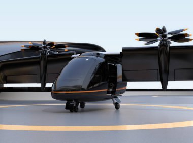 E-Vtol yolcu uçağı havaalanından kalkış bekliyor. Güneş paneli kanatları üzerine monte edilmiştir. Kentsel Yolcu Hareketliliği konsepti. 3d render görüntüsü.