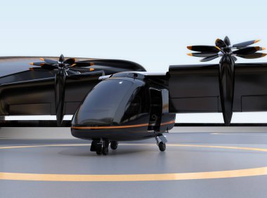 E-VTOL passenger aircraft waiting for takeoff from airport. Solar panel mounted on the wings. Urban Passenger Mobility concept. 3D rendering image. clipart