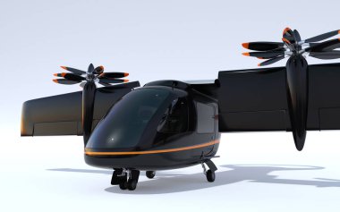 E-Vtol yolcu uçağı yere park ediyor. Kanat kalkış moduna döndürüldü. Kentsel Yolcu Hareketliliği konsepti. 3d render görüntüsü.