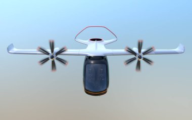 Gökyüzünde uçan E-Vtol yolcu uçağının ön görünümü. Kentsel Yolcu Hareketliliği konsepti. 3d render görüntüsü.