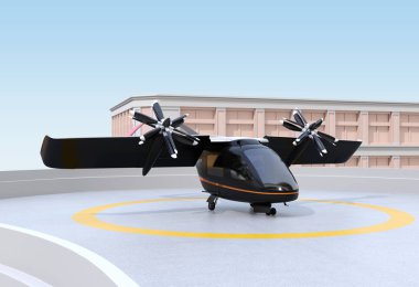 E-Vtol yolcu uçağı havaalanından kalkış bekliyor. Kentsel Yolcu Hareketliliği konsepti. 3d render görüntüsü.
