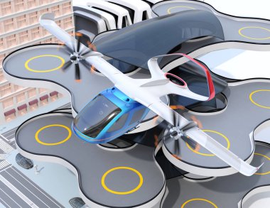 E-Vtol yolcu uçağı şehir havaalanından havalandı. Kentsel Yolcu Hareketliliği konsepti. 3d render görüntüsü.