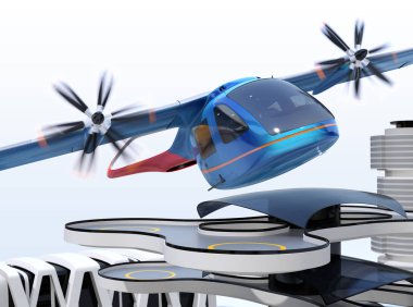 Metalik mavi E-Vtol yolcu uçağı şehir havaalanından havalandı. Kentsel Yolcu Hareketliliği konsepti. 3d render görüntüsü.