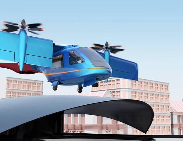 E-VTOL passenger aircraft taking off from an urban airport. Urban Passenger Mobility concept. 3D rendering image.