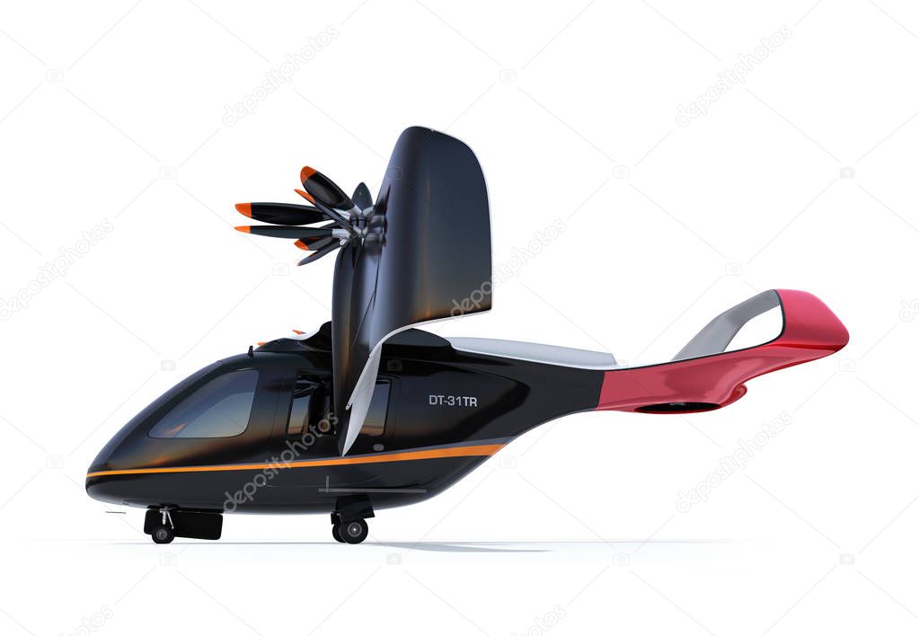 Side view of E-VTOL passenger aircraft isolated on white background. Urban Passenger Mobility concept. 3D rendering image.