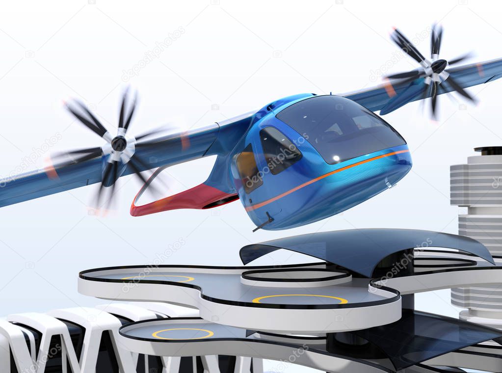 Metallic blue E-VTOL passenger aircraft taking off from an urban airport. Urban Passenger Mobility concept. 3D rendering image.
