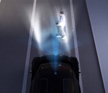 Siyah araba acil frenleme karanlıkta yaya yürüyen trafik kazası önlemek. Otomatik Acil Frenleme (Acil fren sistemi) konsepti. 3d render görüntüsü.
