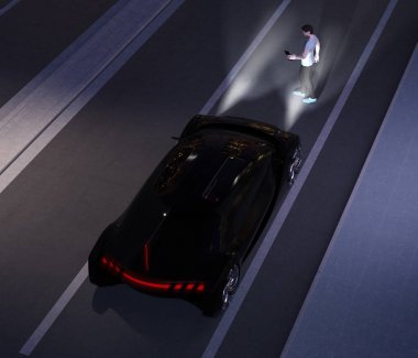 Siyah araba acil frenleme karanlıkta yaya yürüyen trafik kazası önlemek. Otomatik Acil Frenleme (Acil fren sistemi) konsepti. 3d render görüntüsü.