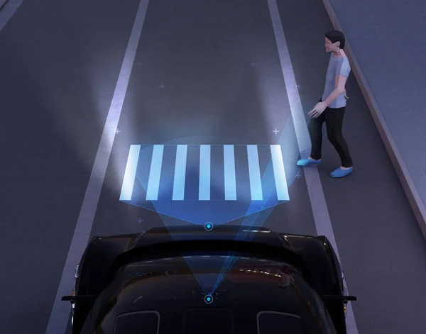 Autonomes Auto Kommuniziert Mit Fußgängern Zebrastreifen Durch Lichtprojektion Boden Renderbild — Stockfoto