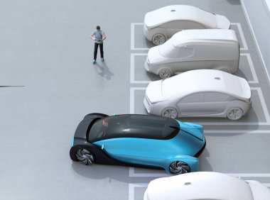 Araba park yerini uzaktan kumanda etmek için akıllı telefonu kullanan adam. Kendi kendine park sistemi konsepti. 3d render görüntüsü.