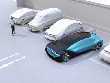 Araba park yerini uzaktan kumanda etmek için akıllı telefonu kullanan adam. Kendi kendine park sistemi konsepti. 3d render görüntüsü.