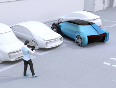 Araba park yerini uzaktan kumanda etmek için akıllı telefonu kullanan adam. Kendi kendine park sistemi konsepti. 3d render görüntüsü.