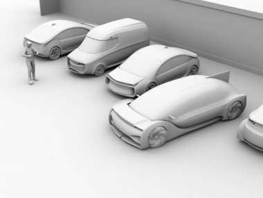 Uzaktan kumanda otopark için akıllı telefon kullanan bir adamın Kil render. Kendi kendine park sistemi konsepti. 3d render görüntüsü.