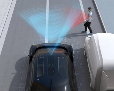 Siyah araba acil frenleme araç kör noktadan dışarı yürüyen yaya ile araba kazası önlemek için. Otomatik Acil Frenleme (Acil fren sistemi) konsepti. 3d render görüntüsü.