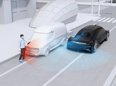 Akıllı telefon kullanan yaya ile araba kazasını önlemek için siyah araba acil frenleme. Otomatik Acil Frenleme (Acil fren sistemi) konsepti. 3d render görüntüsü.