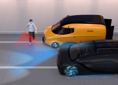 Siyah araba acil frenleme araba kazasından kaçınmak için yaya minibüsün kör noktasından dışarı çıktı. Otomatik Acil Frenleme (Acil fren sistemi) konsepti. 3d render görüntüsü.