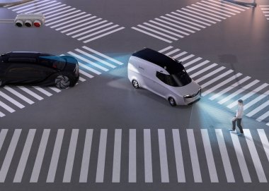 Siyah araba acil frenleme minivan gelen yaya yürüyüş çapraz bekleyen araba kazası önlemek için. Gece sahnesi. Otomatik Acil Frenleme (Acil fren sistemi) konsepti. 3d render görüntüsü.