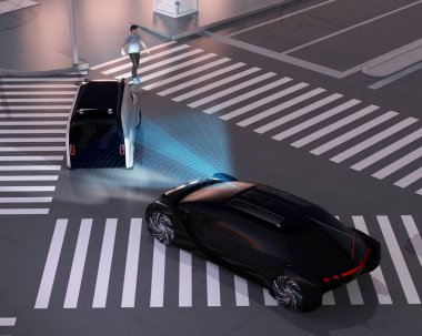 Siyah araba acil frenleme minivan gelen yaya yürüyüş çapraz bekleyen araba kazası önlemek için. Gece sahnesi. Otomatik Acil Frenleme (Acil fren sistemi) konsepti. 3d render görüntüsü.