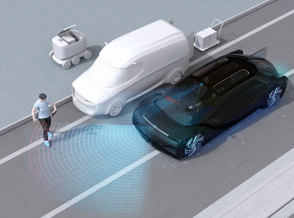 스마트 사용하는 보행자와 자동차 사고를 방지하기 자동차 브레이크 시스템 렌더링 — 스톡 사진