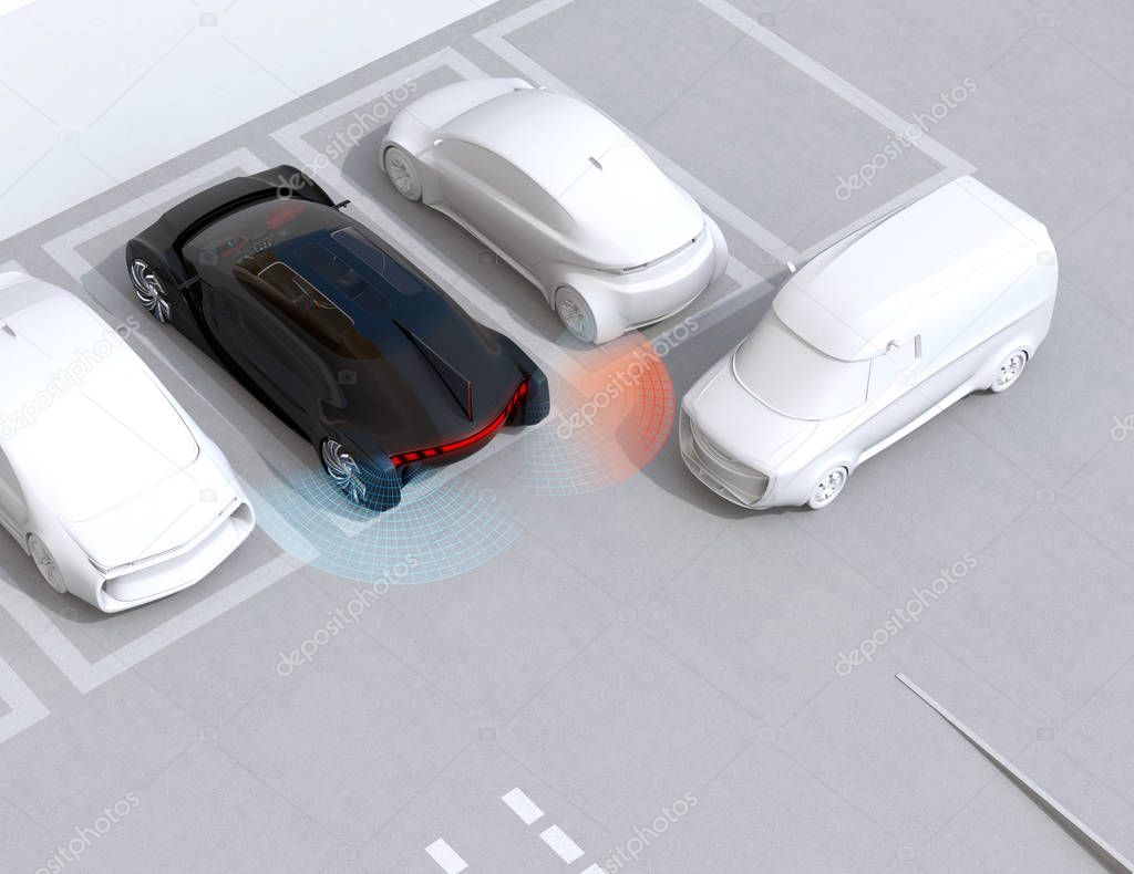 Head-in parking black car emergency stopped when the rear sensor detected van closing to the car. Advanced driver assistance system concept. 3D rendering image.