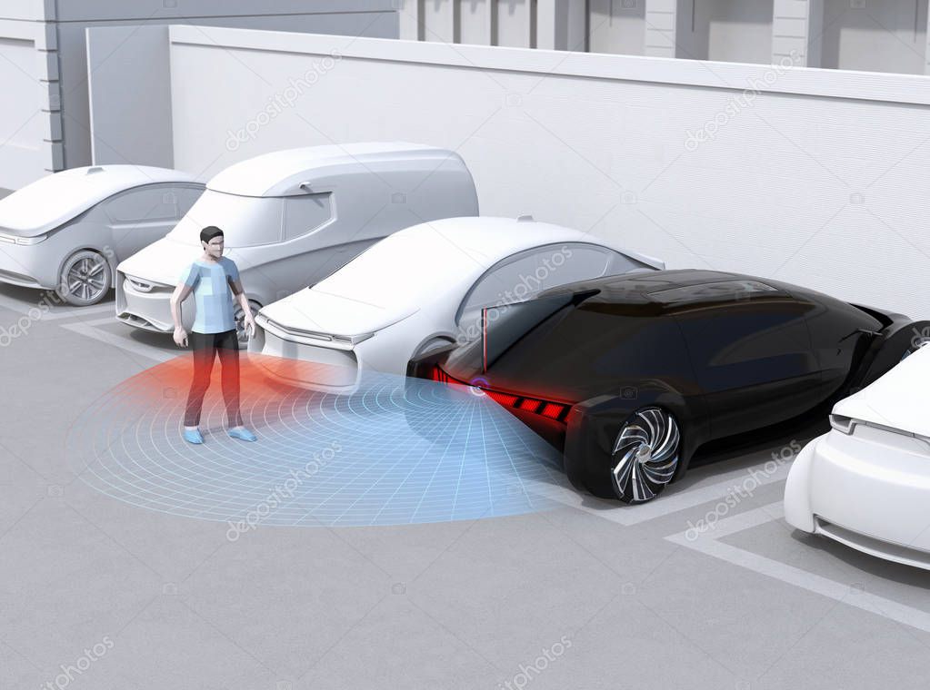 Head-in parking black car emergency stopped when the rear sensor detected pedestrian near the car. Advanced driver assistance system concept. 3D rendering image.
