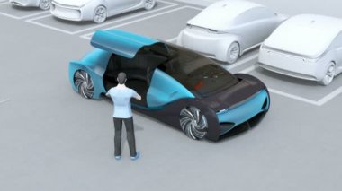 Adam uzaktan kumanda araba park için Smartphone kullanarak. Self park sistemi konsepti. 3B görüntü oluşturma animasyonu.
