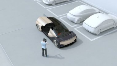 Adam uzaktan kumanda araba park için Smartphone kullanarak. Self park sistemi konsepti. 3B görüntü oluşturma animasyonu.