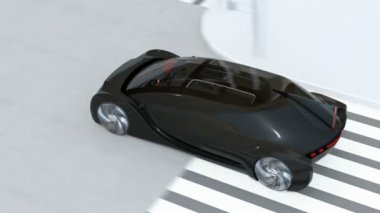 Siyah araba acil frenleme bir kaza önlemek için yaya minibüs kör noktadan dışarı yürümek. Otomatik acil fren (acil fren sistemi) kavramı. 3B görüntü oluşturma animasyonu.