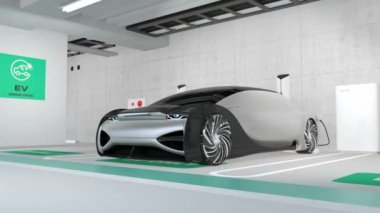 Gümüş renkli elektrikli araba şarj istasyonunda şarj yeraltı otoparkında bulmak. 3d render animasyonu.