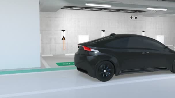 Black Car Passing Silver Electric Car Underground Parking Lot Silver — Stock Video