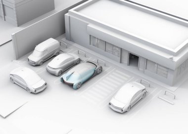 Marketin önünde kafa kafaya park eden arabaların kil işlemesi. 3d render görüntüsü.