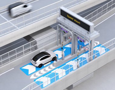 Beyaz Suv Vb (Elektronik Ücretli Toplama Sistemi) tarafından durmadan gişe kapıdan geçen. 3d render görüntüsü.
