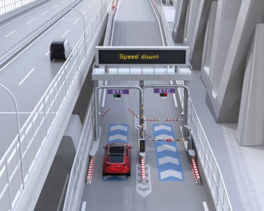 Kırmızı Suv Vb (Elektronik Ücretli Toplama Sistemi) tarafından durmadan gişe kapıdan geçen. 3d render görüntüsü.
