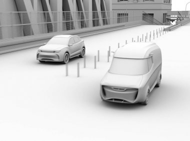 Suv cray render otoyol ücretli kapı girdi ve ana şeritiçine sürüş. 3d render görüntüsü.