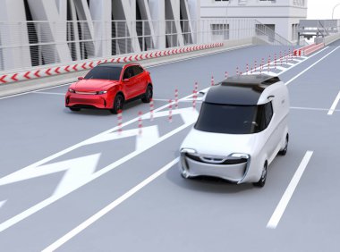 Kırmızı Suv otoyol ücretli kapı girdi ve ana şeritiçine sürüş. 3d render görüntüsü.