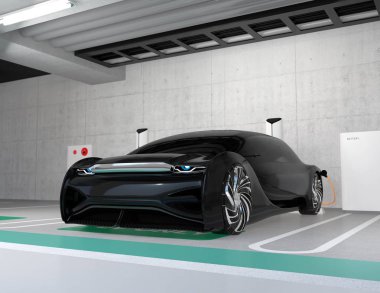 Şarj istasyonunda şarj siyah elektrikli araba yeraltı otoparkında bulmak şarj. 3d render görüntüsü.