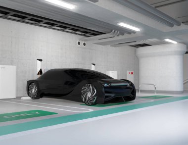 Şarj istasyonunda şarj siyah elektrikli araba yeraltı otoparkında bulmak şarj. 3d render görüntüsü.