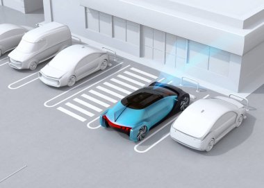 Sürücü yanlış vites kullanırken otoparkta acil durum durdu. Gelişmiş sürücü destek sistemi konsepti. 3d render görüntüsü.