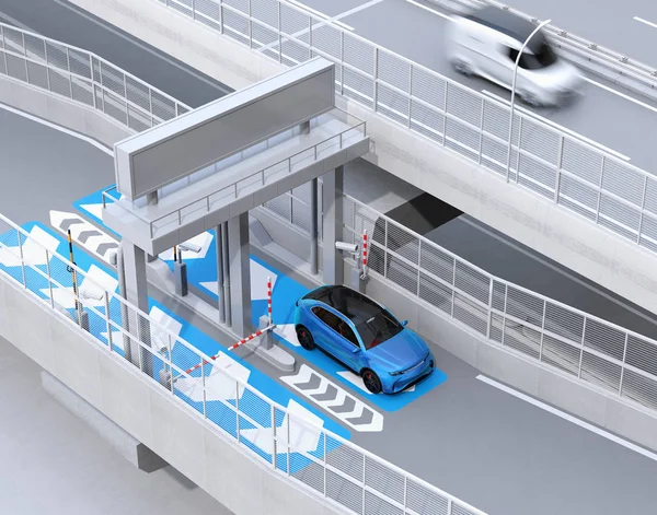 Blue Suv Passing Toll Gate Stop Etc Electronic Toll Collection — Stock Photo, Image