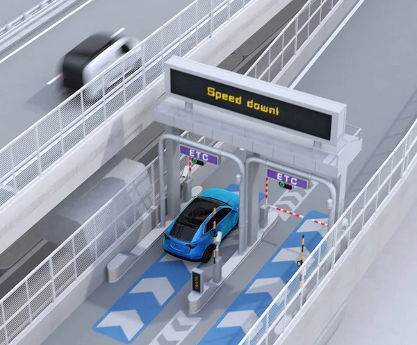 Blue SUV passing through toll gate without stop by ETC (Electronic Toll Collection System). 3D rendering image.