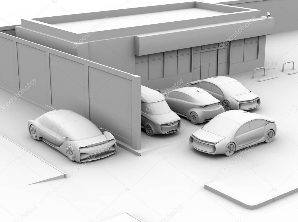 Clay rendering of a sedan detected a car leaving parking lot to avoid an car accident. Connected car concept. 3D rendering image.