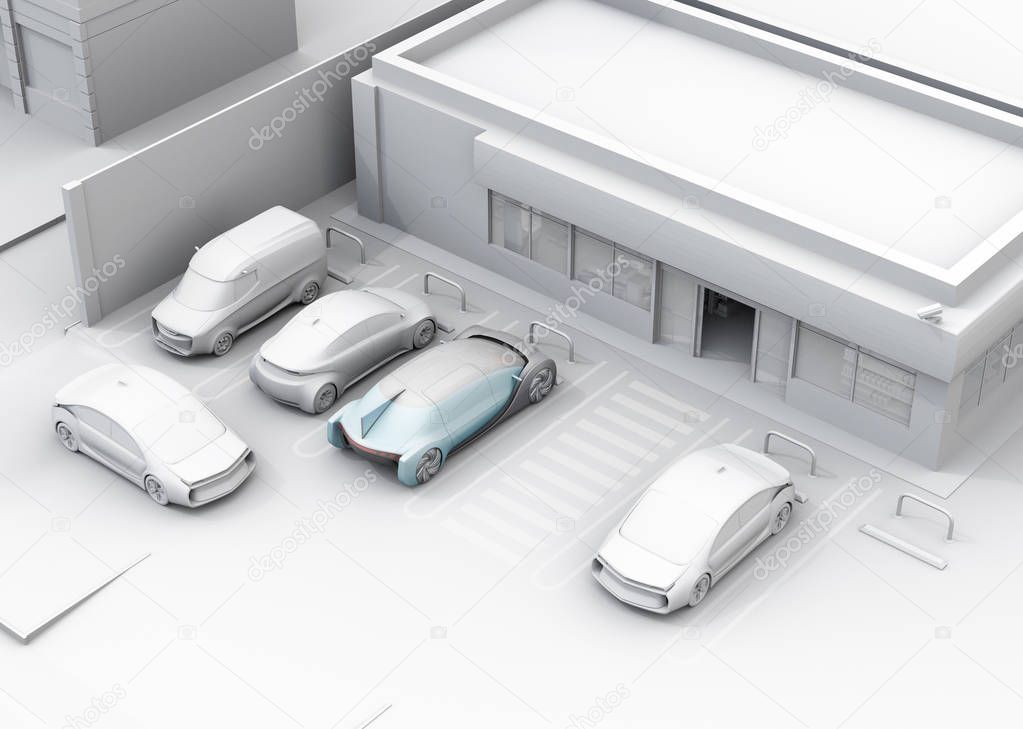 Clay rendering of head-in parking cars in front of convenience store. 3D rendering image.
