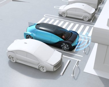 Sürücü yanlış vites kullanırken otoparkta acil durum durdu. Gelişmiş sürücü destek sistemi konsepti. 3d render görüntüsü.