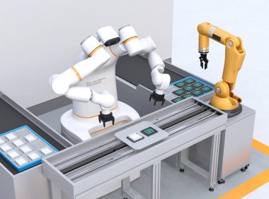 Dual-arm robot assembly printed circuit boards in cell-production space. Collaborative robot concept. 3D rendering image. clipart