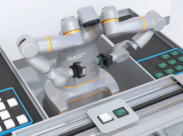 Dual-arm robot assembly printed circuit boards in cell-production space. Collaborative robot concept. 3D rendering image.