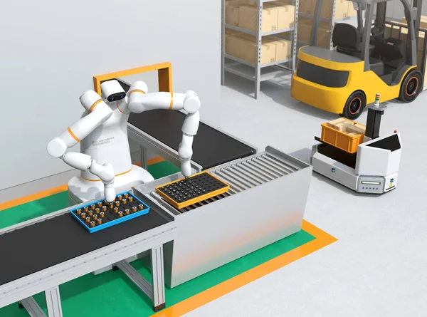 Дворучний Робот Складає Моторні Котушки Просторі Виробництва Клітин Концепція Спільного — стокове фото