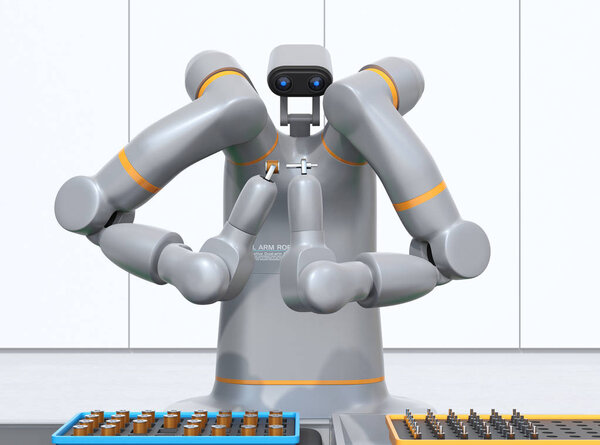 Front view of dual-arm robot assembly motor coils in cell-production space. Collaborative robot concept. 3D rendering image.