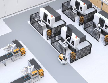 Hücre üretim alanında çift kollu robot montaj motor bobinleri. Agv, arka planda Cnc makineleri. Akıllı fabrika konsepti. 3d render görüntüsü.