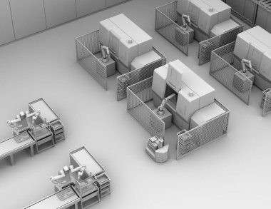 Hücre üretim alanında çift kollu robot montaj motor bobinlerinin kil işlemesi. Agv, forklift ve Cnc makineleri arka planda. Akıllı fabrika konsepti. 3d render görüntüsü.
